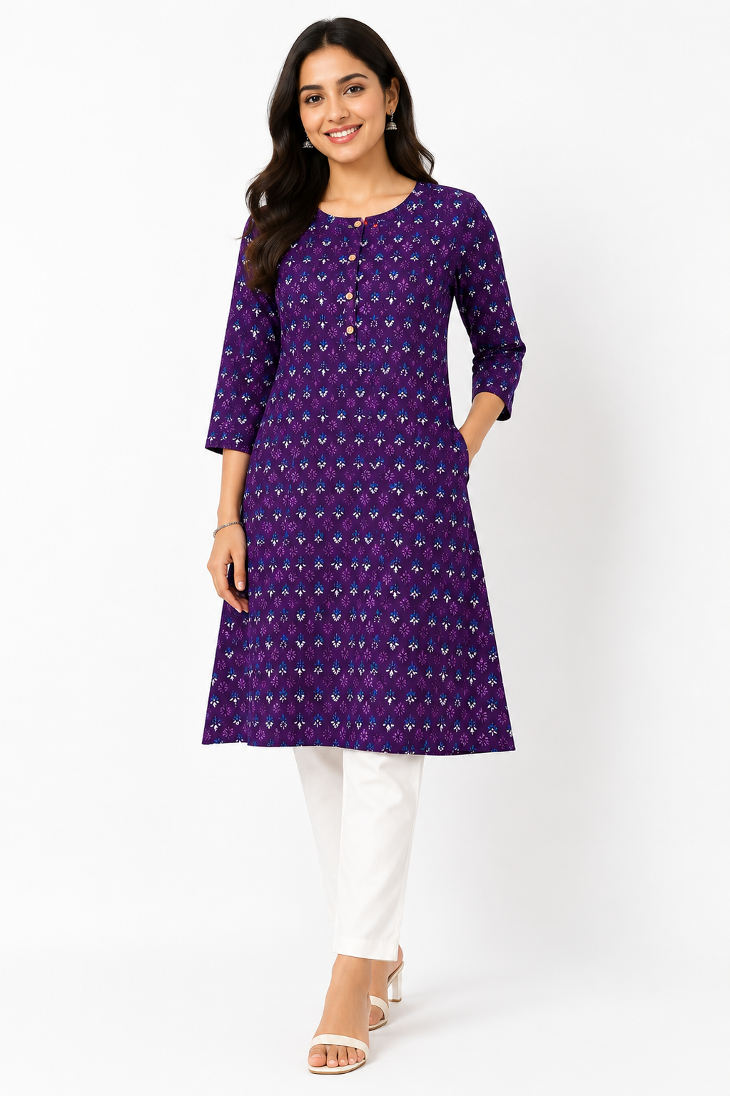 Purple Round Neck Printed Cotton Ethnic Kurti