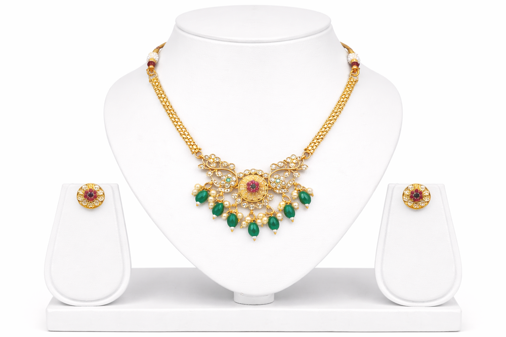 Green Leaf & Flower Design Gold-Plated Choker Set with Pressing Earrings