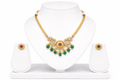 Green Leaf & Flower Design Gold-Plated Choker Set with Pressing Earrings