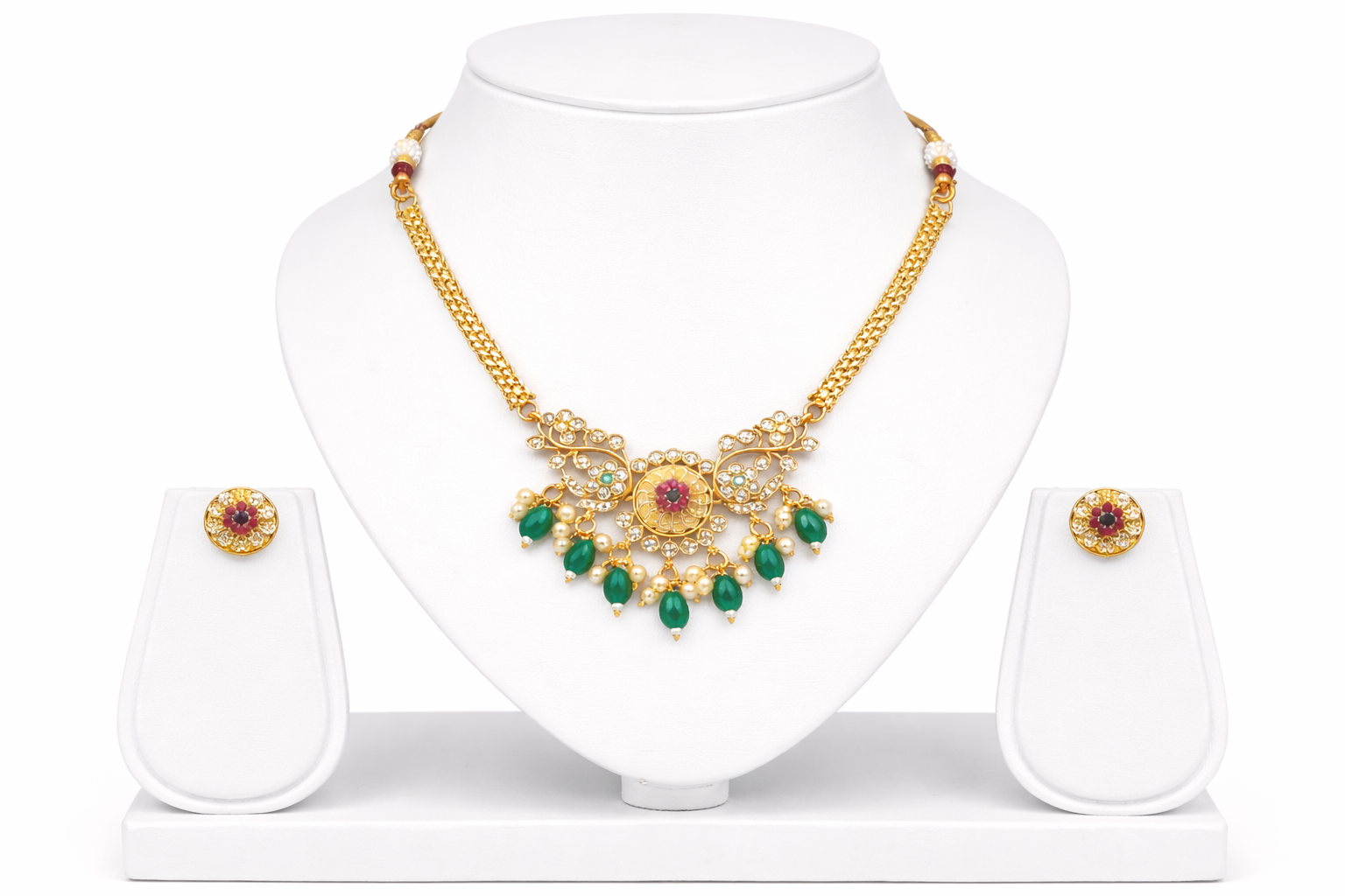 Green Leaf & Flower Design Gold-Plated Choker Set with Pressing Earrings