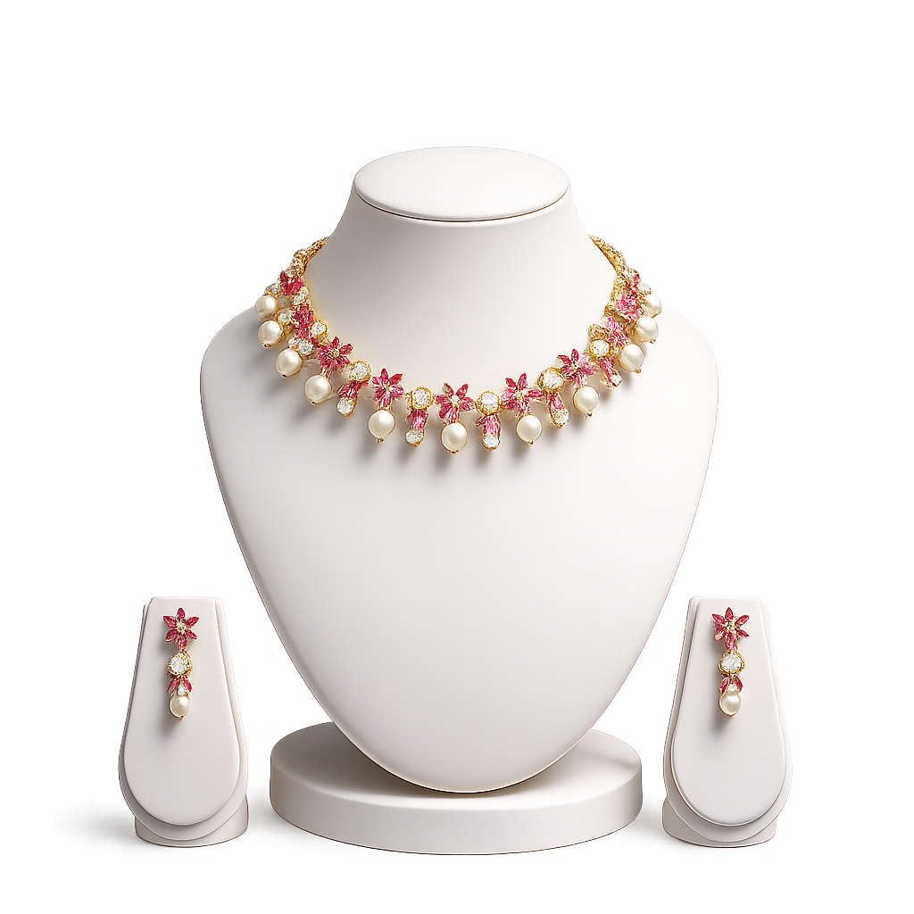 Feminine Pink & White Stone Floral Drop Necklace Set with Pearl Detailing