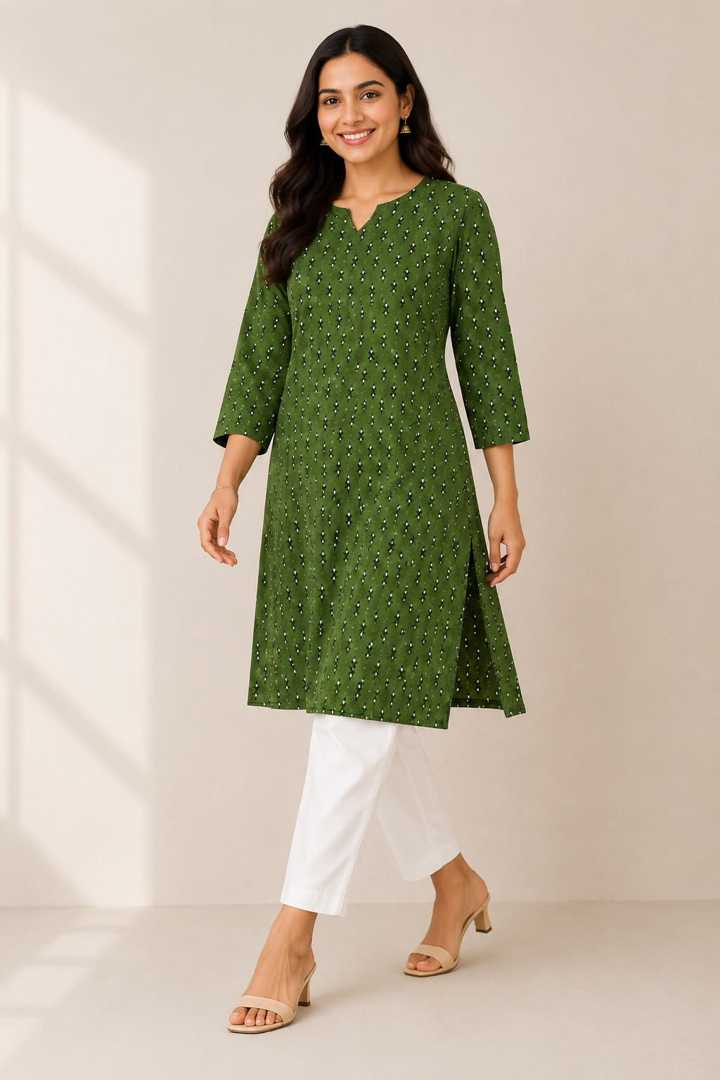 Floral Printed V-Neck Cotton Ethnic Kurti