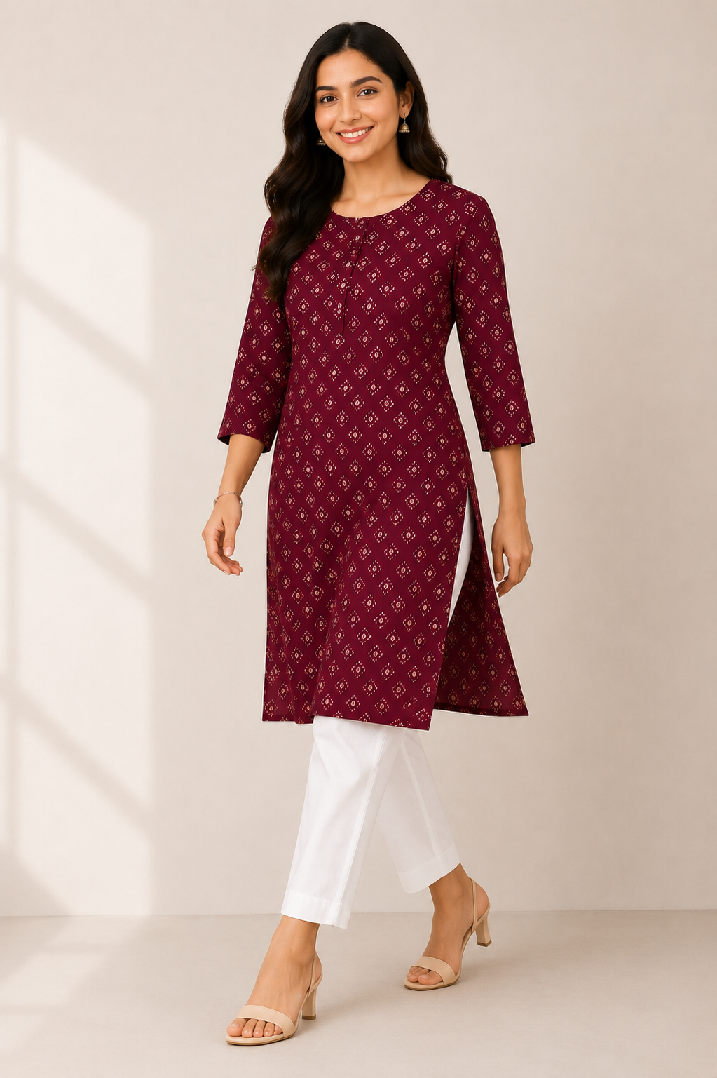 Floral Printed V-Neck Cotton Ethnic Kurti