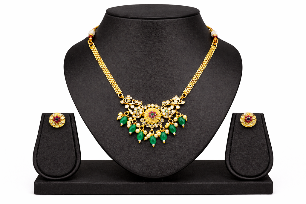 Green Leaf & Flower Design Gold-Plated Choker Set with Pressing Earrings