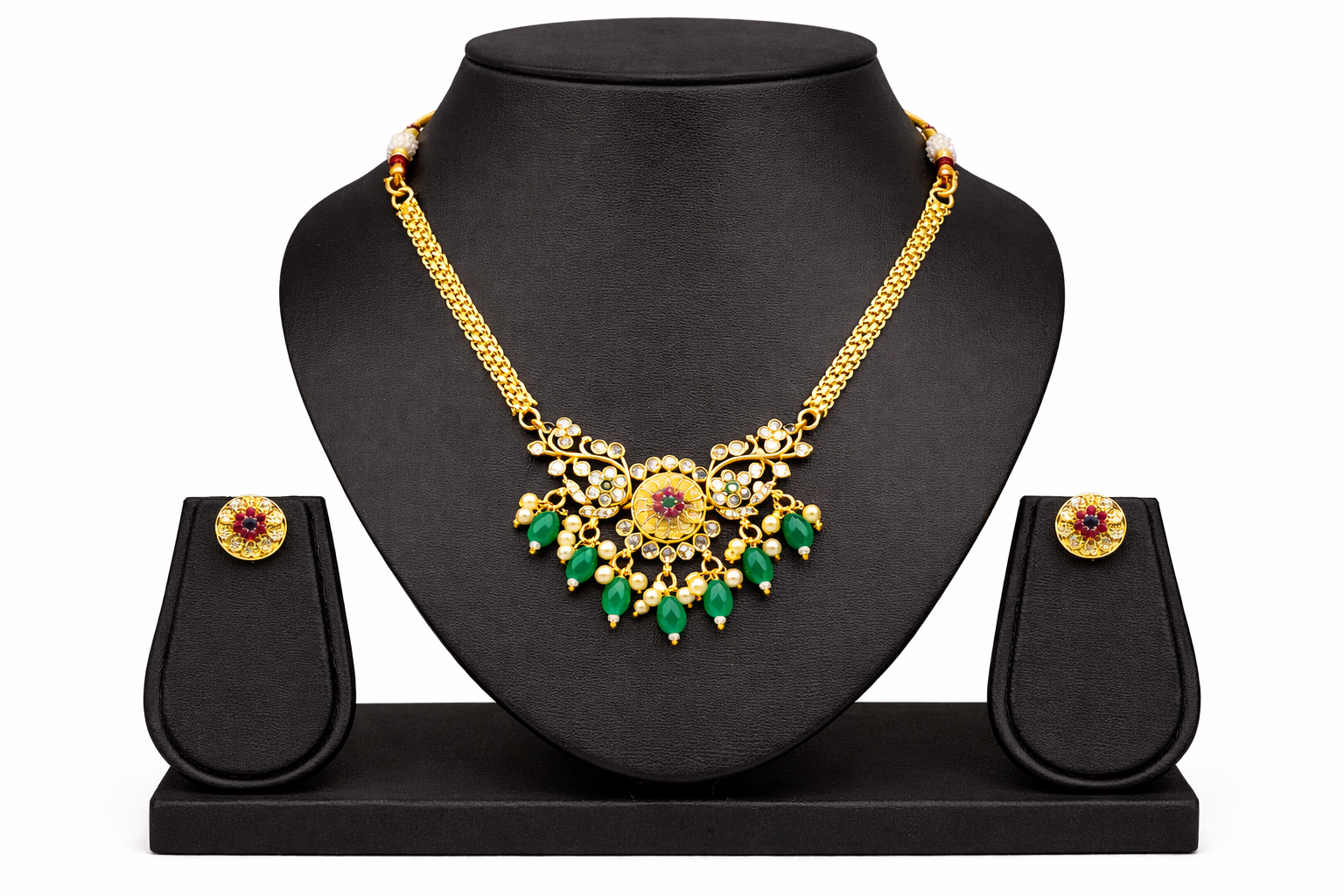 Green Leaf & Flower Design Gold-Plated Choker Set with Pressing Earrings