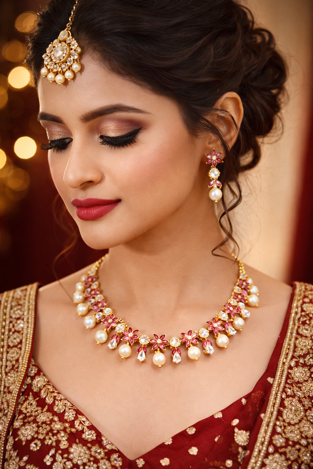 Feminine Pink & White Stone Floral Drop Necklace Set with Pearl Detailing