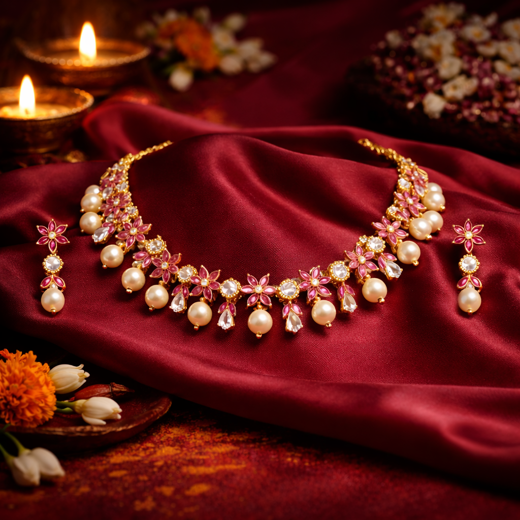 Feminine Pink & White Stone Floral Drop Necklace Set with Pearl Detailing