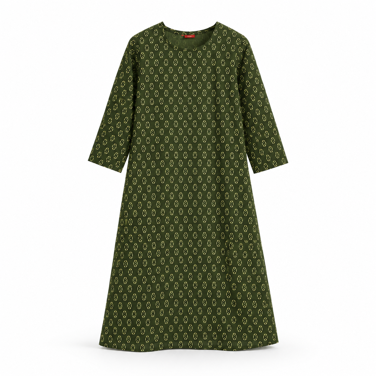 Olive Green Notched Neck Printed Cotton Kurti