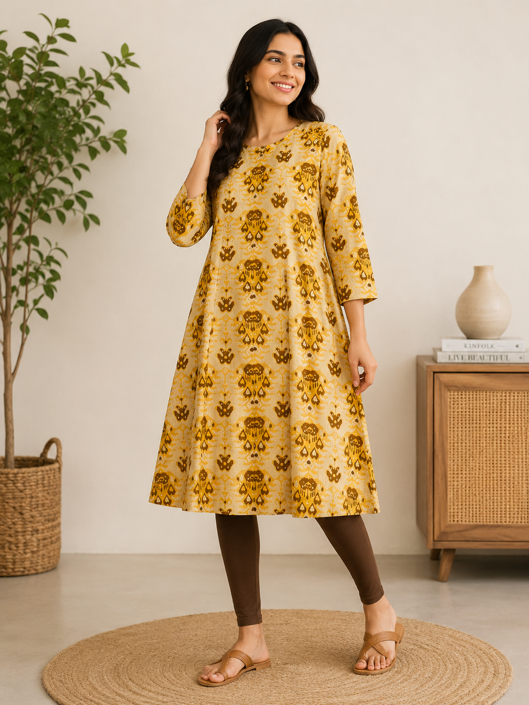 Classic Round Neck A-Line Cotton Single Kurti