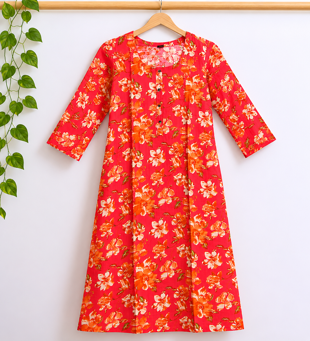 Classic Round Neck A-Line Cotton Single Kurti