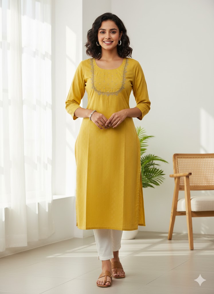 Sunflower Yellow Embroidered Classic Cotton Kurta
