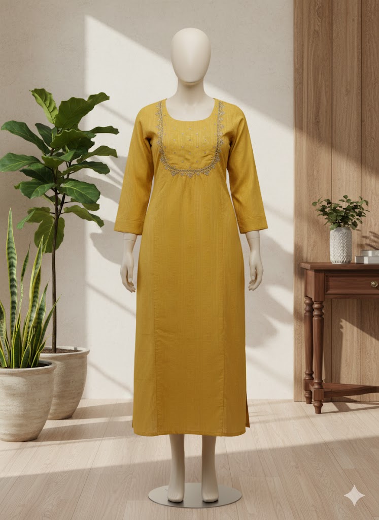 Sunflower Yellow Embroidered Classic Cotton Kurta