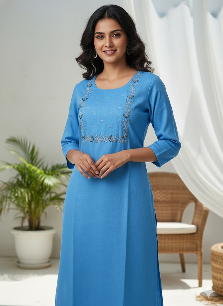 Premium Sky Blue Cotton Straight Kurta for Women | Hand Embroidered Ethnic Kurti | Comfortable Everyday & Festive Wear