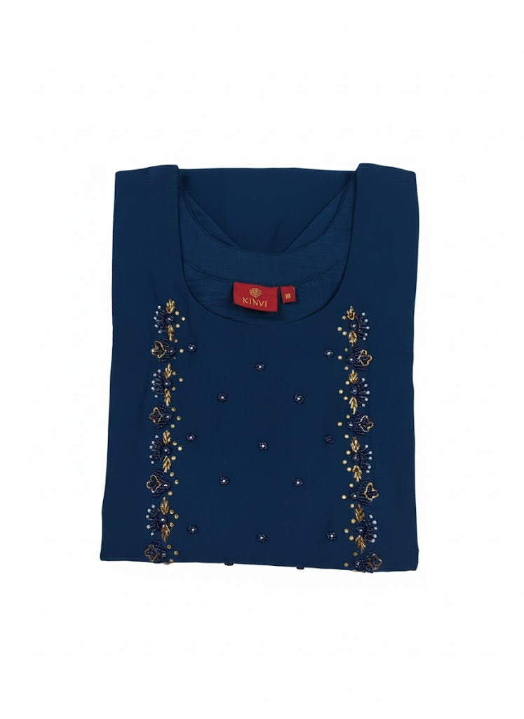 Navy Blue Hand Embroidered Cotton Ethnic Kurti