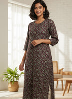 Floral Printed Silk Kurta for Women | Straight Elegant Ethnic Kurti