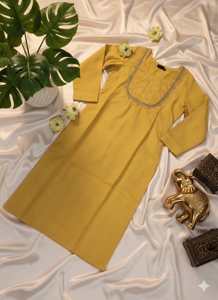 Sunflower Yellow Embroidered Classic Cotton Kurta