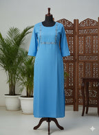 Premium Sky Blue Cotton Straight Kurta for Women | Hand Embroidered Ethnic Kurti | Comfortable Everyday & Festive Wear