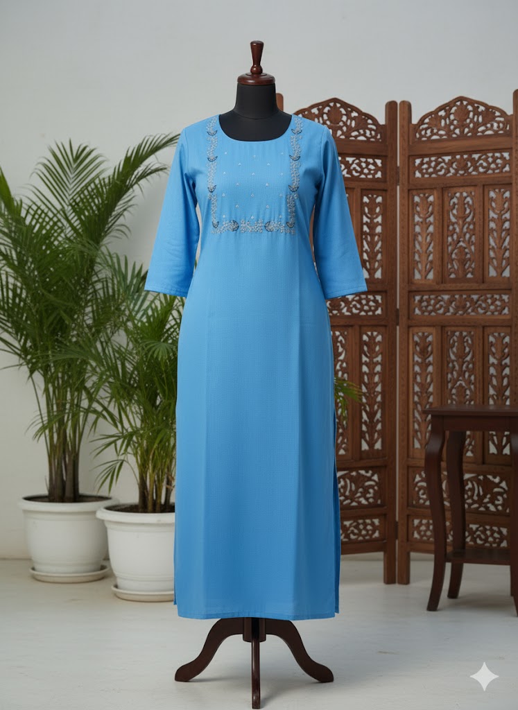 Premium Sky Blue Cotton Straight Kurta for Women | Hand Embroidered Ethnic Kurti | Comfortable Everyday & Festive Wear