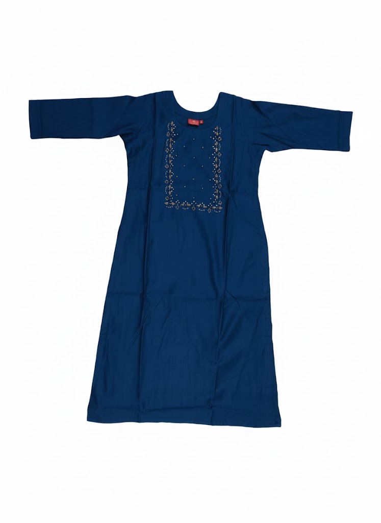 Navy Blue Hand Embroidered Cotton Ethnic Kurti