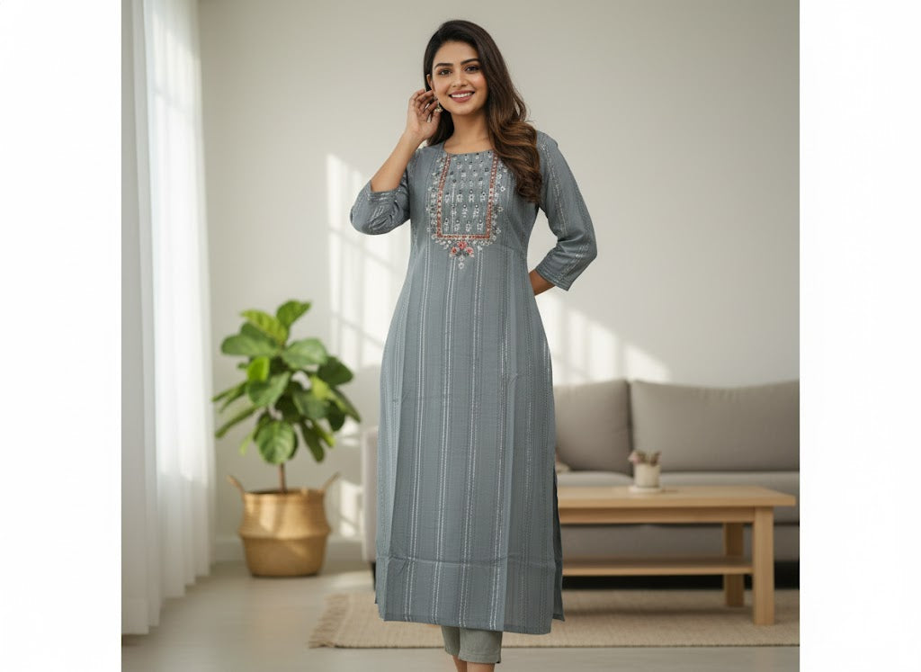 Grey Striped Hand Embroidered Cotton Kurta for Women | Straight Ethnic Kurti