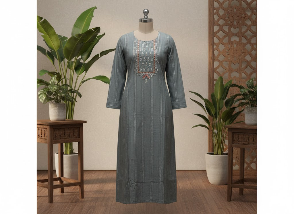 Grey Striped Hand Embroidered Cotton Kurta for Women | Straight Ethnic Kurti