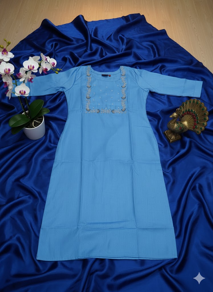 Premium Sky Blue Cotton Straight Kurta for Women | Hand Embroidered Ethnic Kurti | Comfortable Everyday & Festive Wear