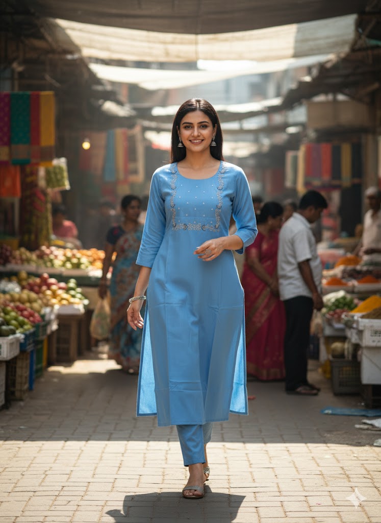 Premium Sky Blue Cotton Straight Kurta for Women | Hand Embroidered Ethnic Kurti | Comfortable Everyday & Festive Wear