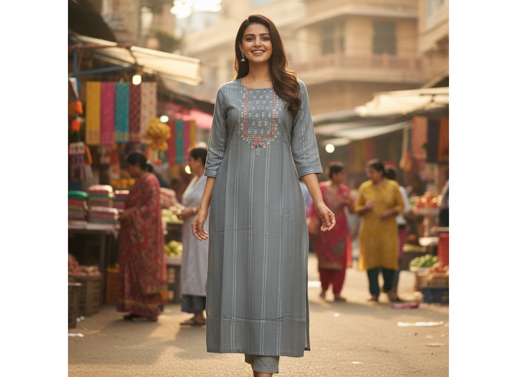 Grey Striped Hand Embroidered Cotton Kurta for Women | Straight Ethnic Kurti