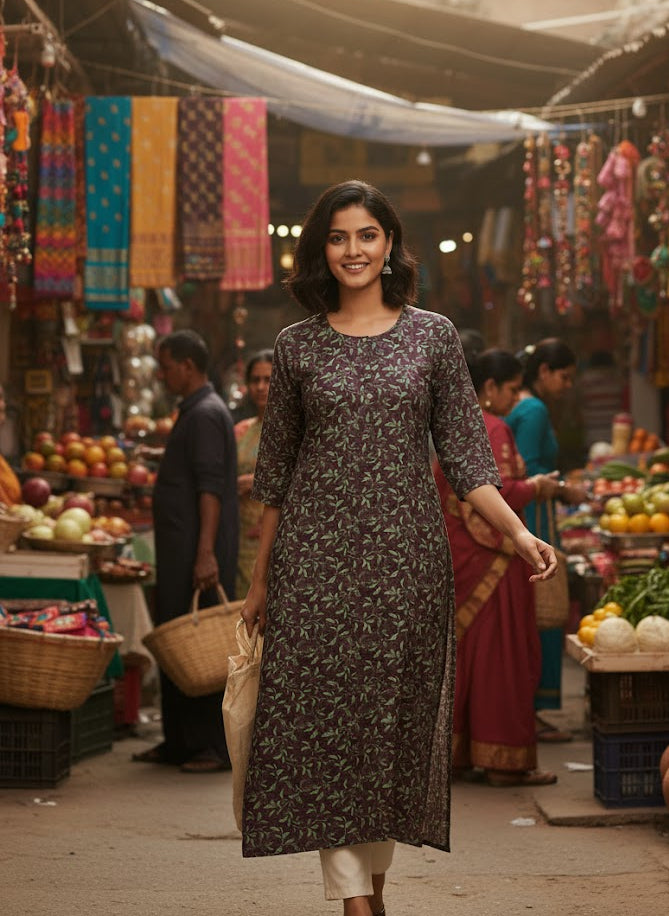 Floral Printed Silk Kurta for Women | Straight Elegant Ethnic Kurti