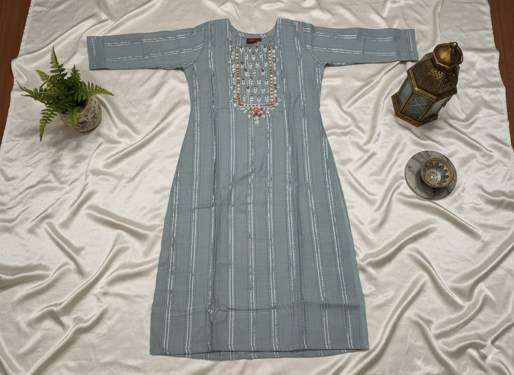 Grey Striped Hand Embroidered Cotton Kurta for Women | Straight Ethnic Kurti