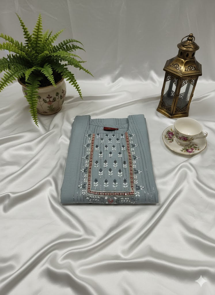 Grey Striped Hand Embroidered Cotton Kurta for Women | Straight Ethnic Kurti